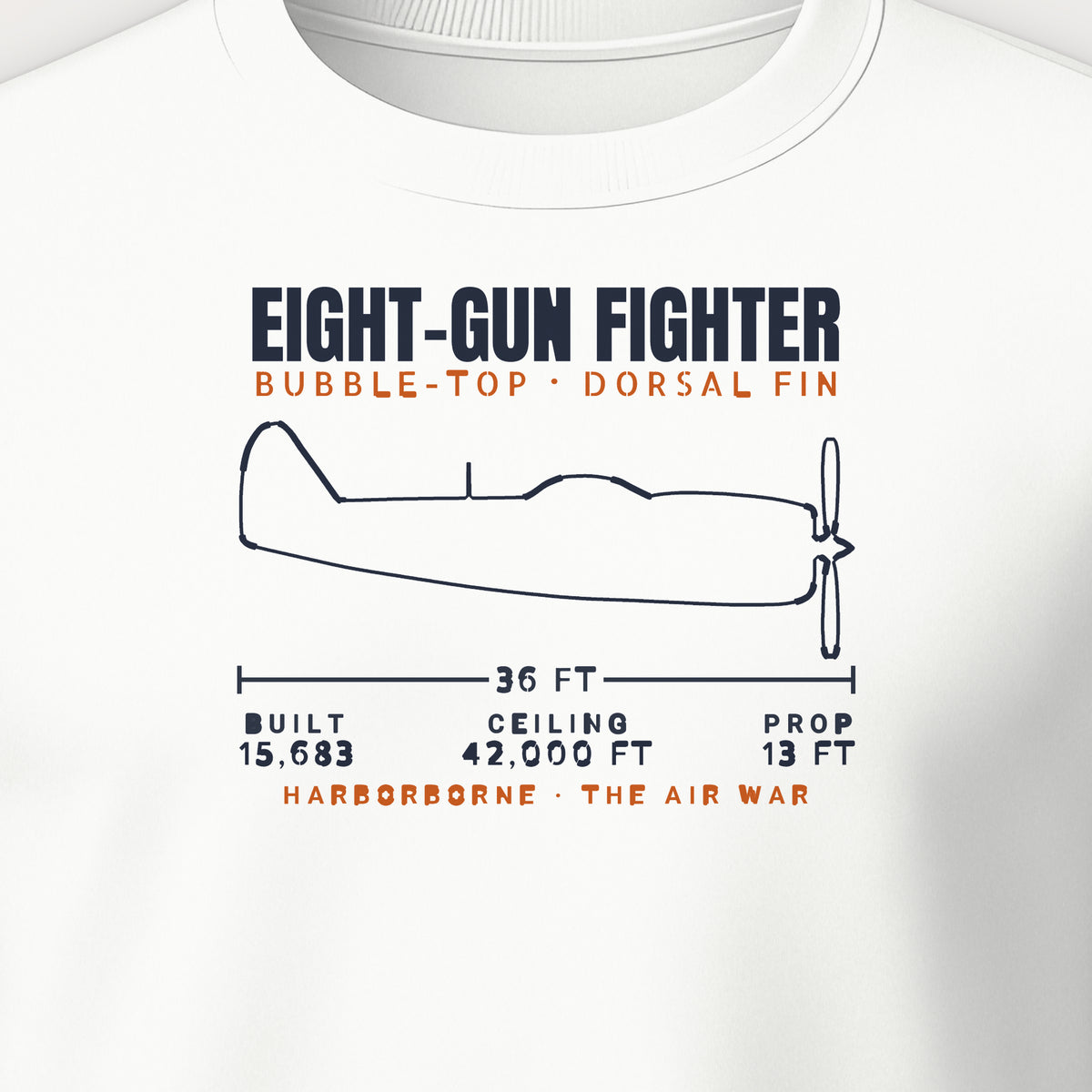 Eight-Gun Fighter Blueprint Crewneck Sweatshirt, front print detail: our side-view outline of a P-47D, no markings