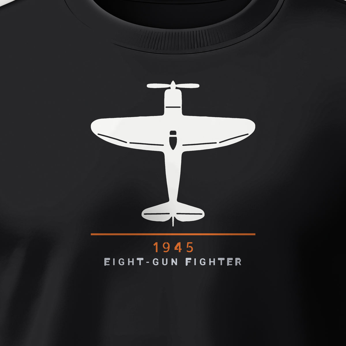 Eight-Gun Fighter 1945 Crewneck Sweatshirt, front print detail: our top-view drawing of a P-47D, no markings