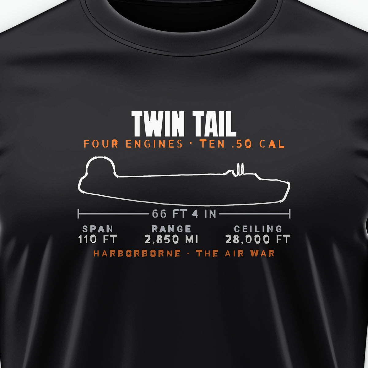Twin-Tail Heavy Bomber Blueprint Tee, front print detail: our side-view outline of a twin-tail heavy bomber with its specifications
