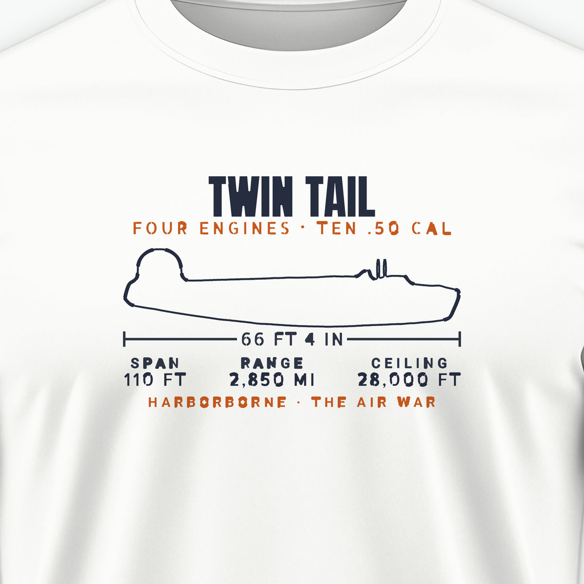 Twin-Tail Heavy Bomber Blueprint Tee, front print detail: our side-view outline of a twin-tail heavy bomber with its specifications