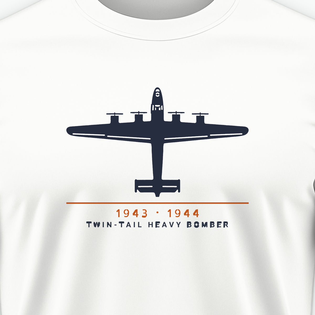 Twin-Tail Heavy Bomber 1943–44 Tee, front print detail: our top-view drawing of a twin-tail heavy bomber, no markings