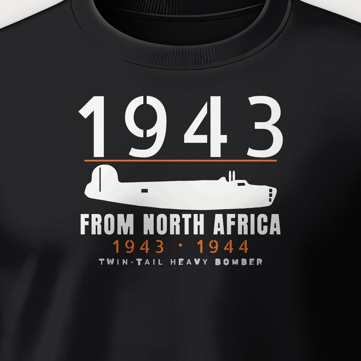 North Africa Twin-Tail Bomber 1943–44 Crewneck Sweatshirt, front print detail: our side-view drawing of a twin-tail heavy bomber, no markings