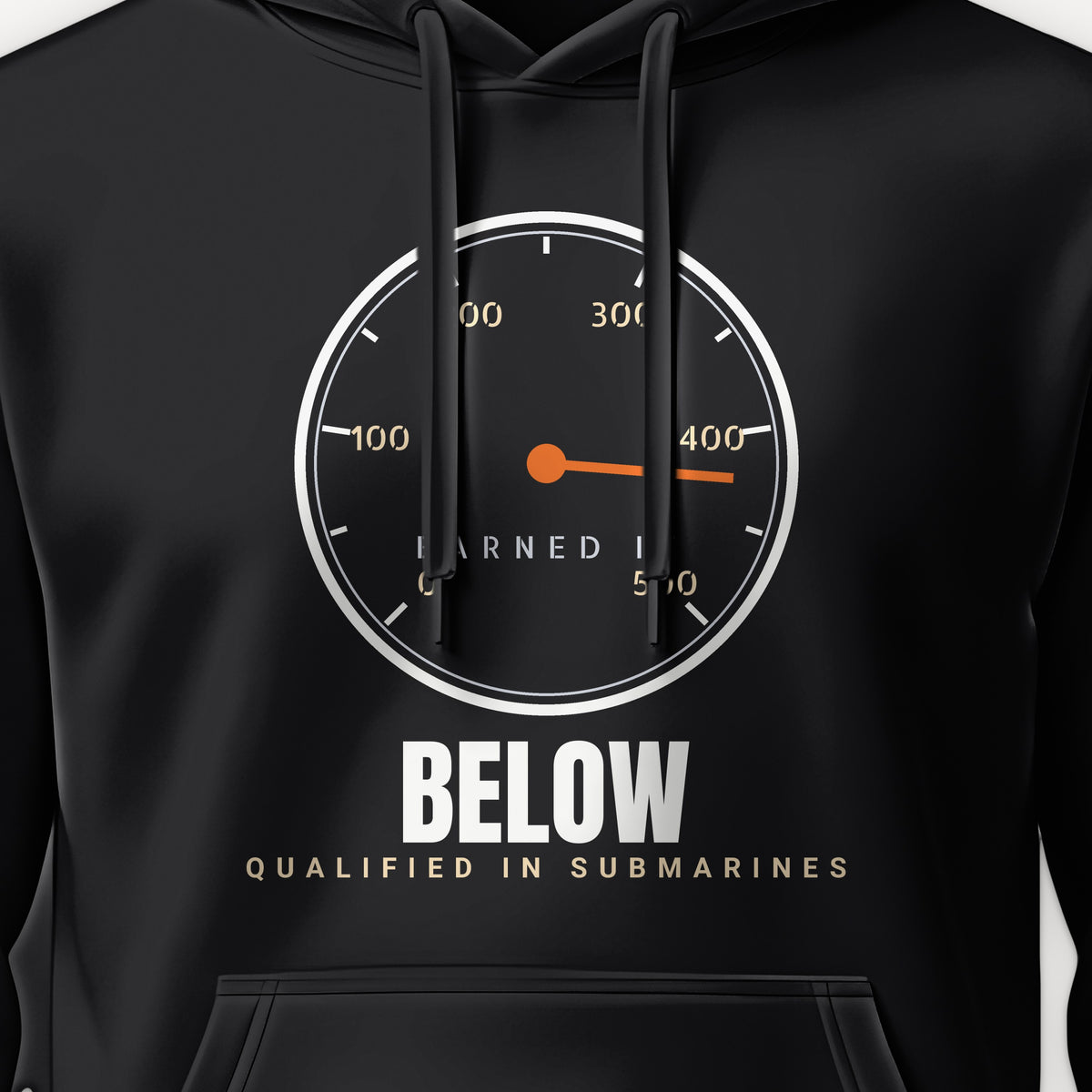 Qualified Below Earned It Hoodie, front print detail