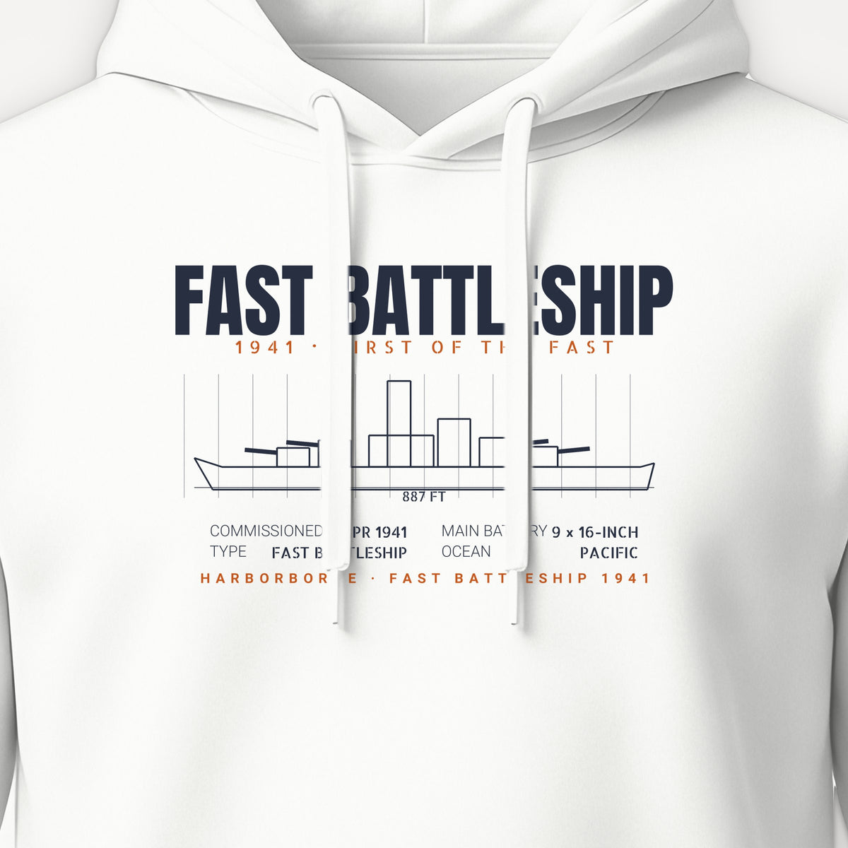 Fast Battleship 1941 Blueprint Hoodie, front print detail