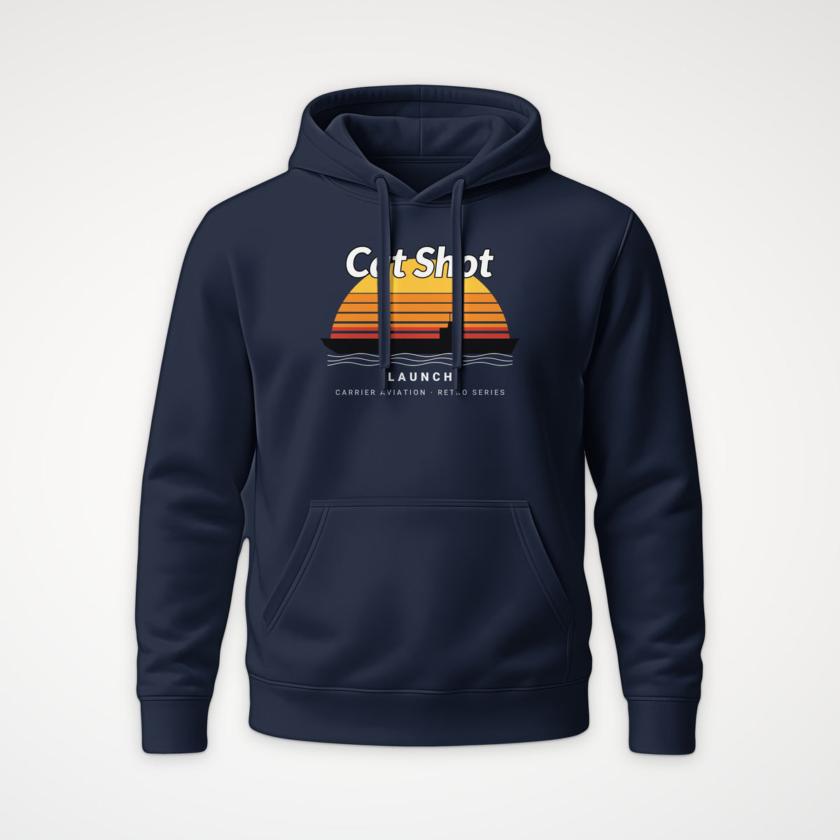 Cat Shot Retro Sunset Hoodie in French Navy