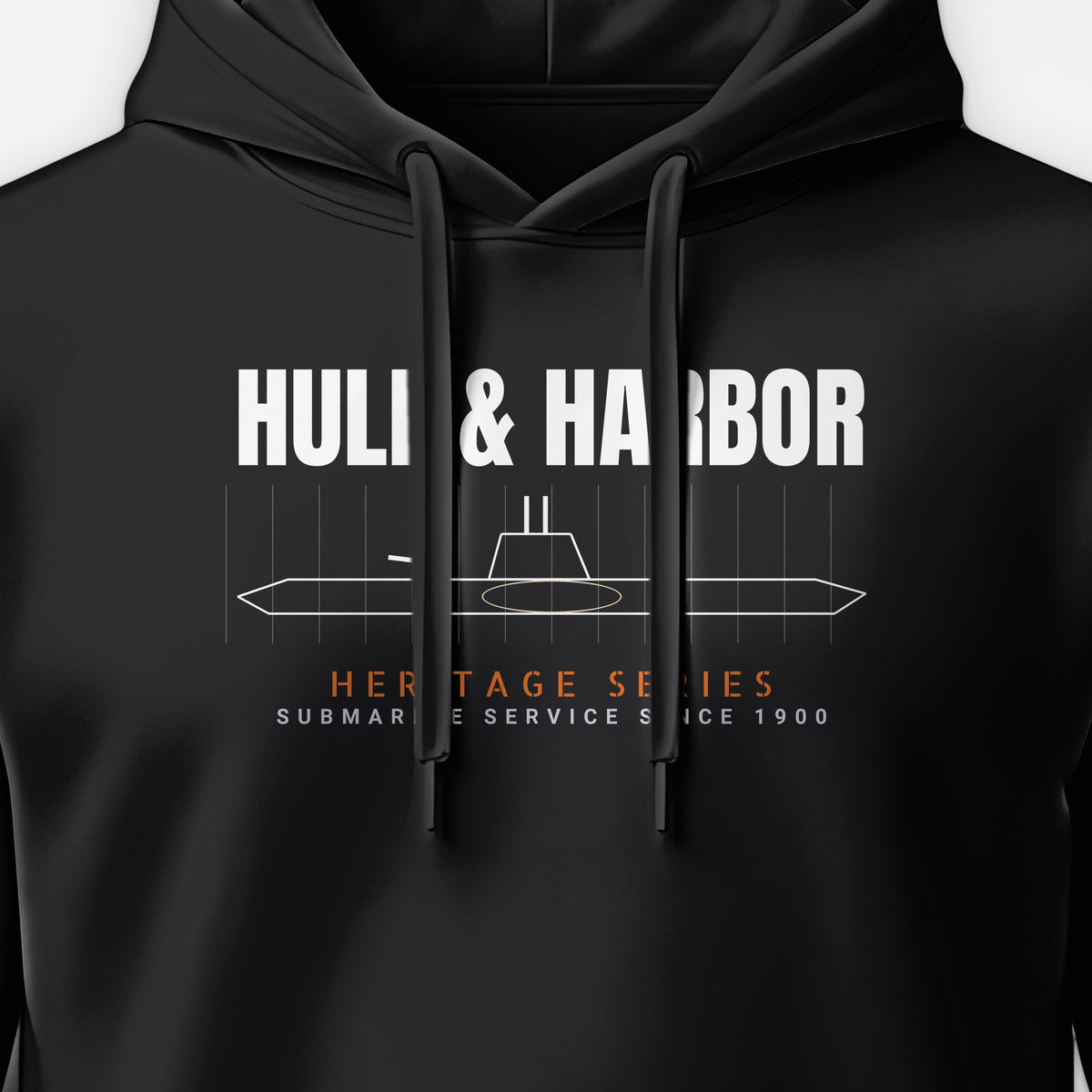 Hull & Harbor Heritage Blueprint Hoodie, front print detail