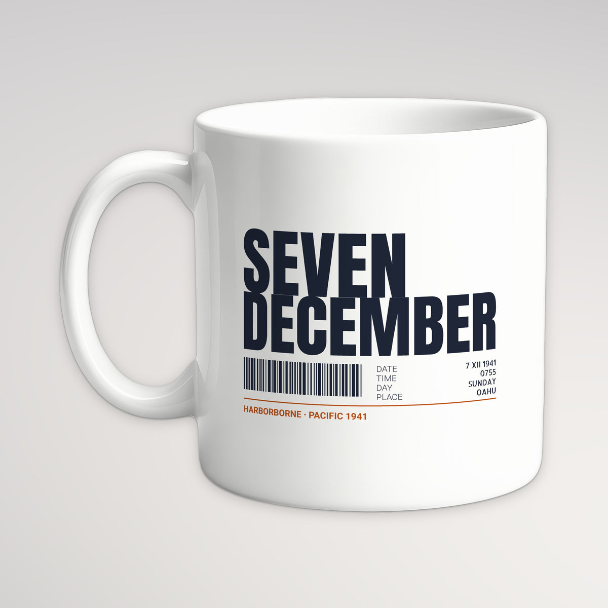 Seven December Tag Mug, white mug, handle left