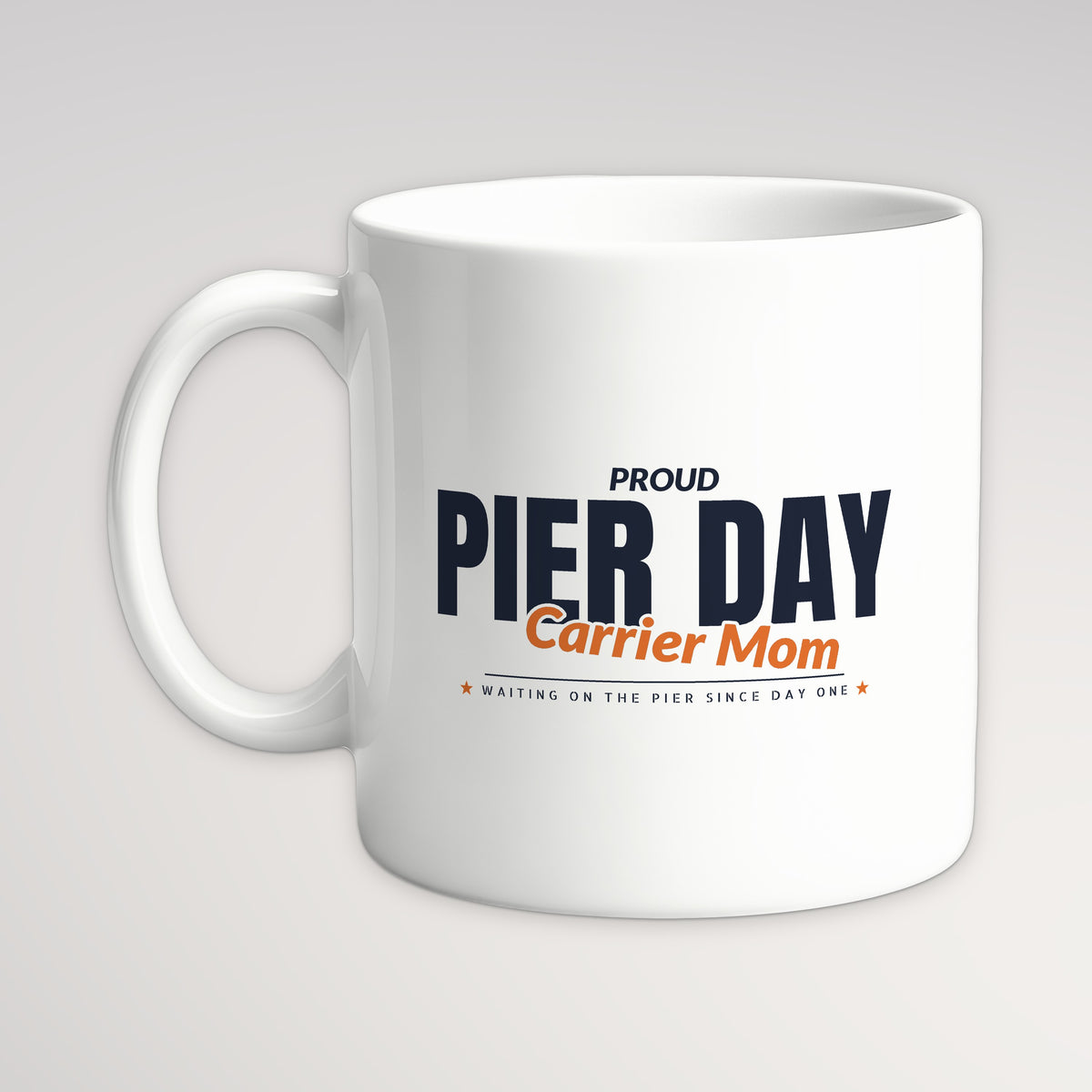Pier Day Proud Carrier Mom Mug, white mug, handle left