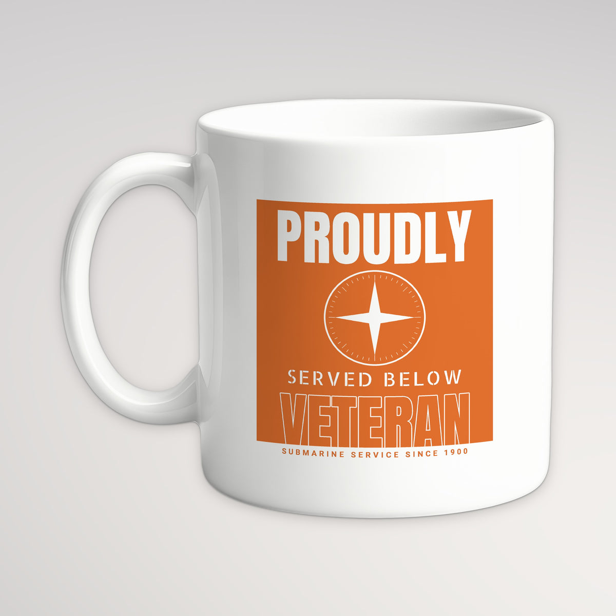 Proudly Served Below Poster Mug, white mug, handle left
