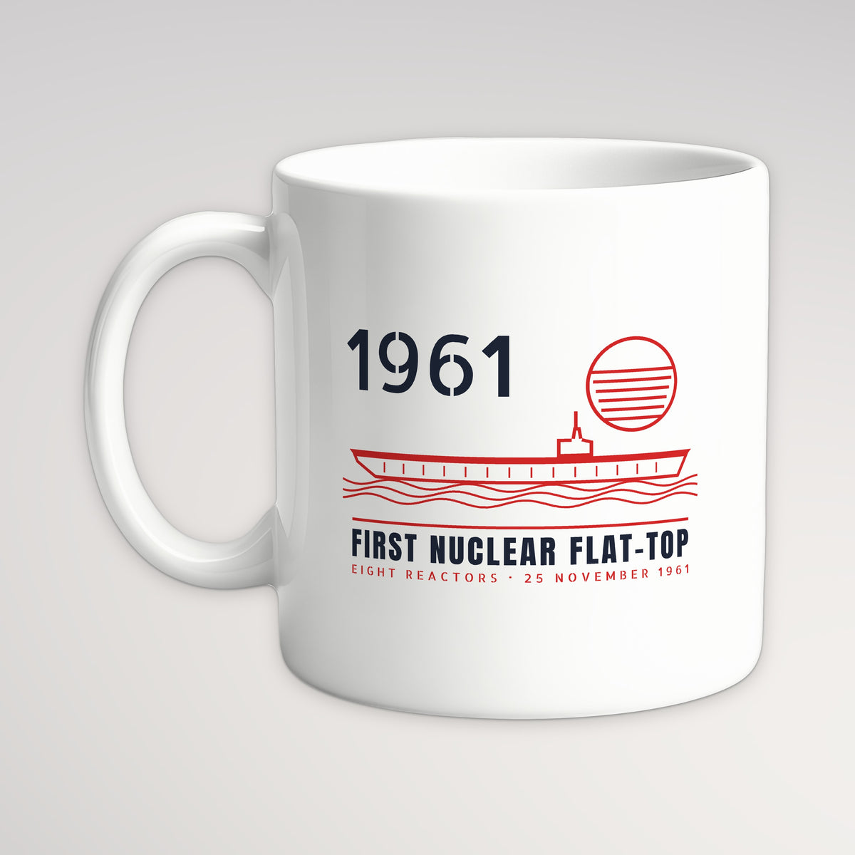 First Nuclear Flat-Top Line Art Mug, white mug, handle left