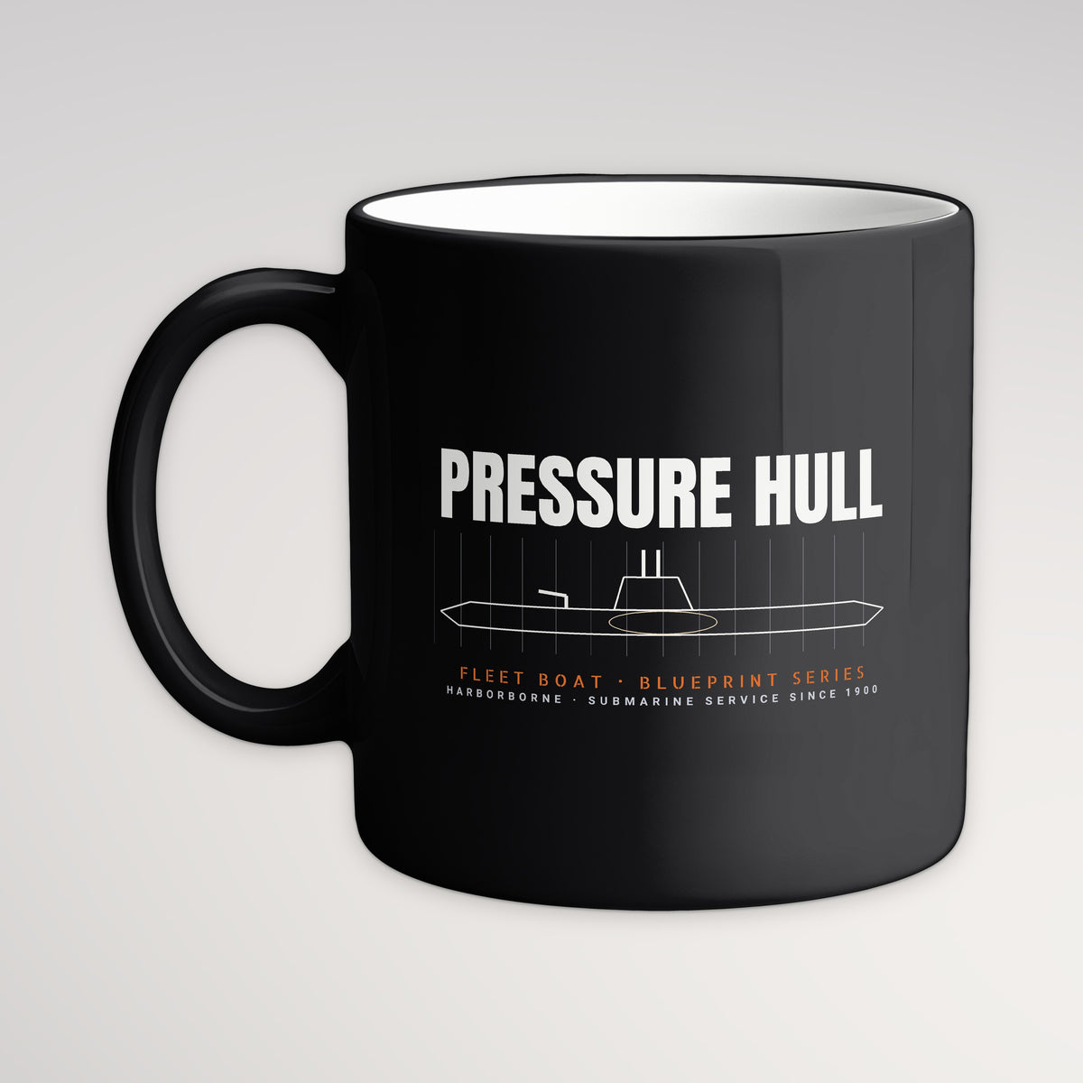 Pressure Hull Blueprint Mug, black mug, handle left