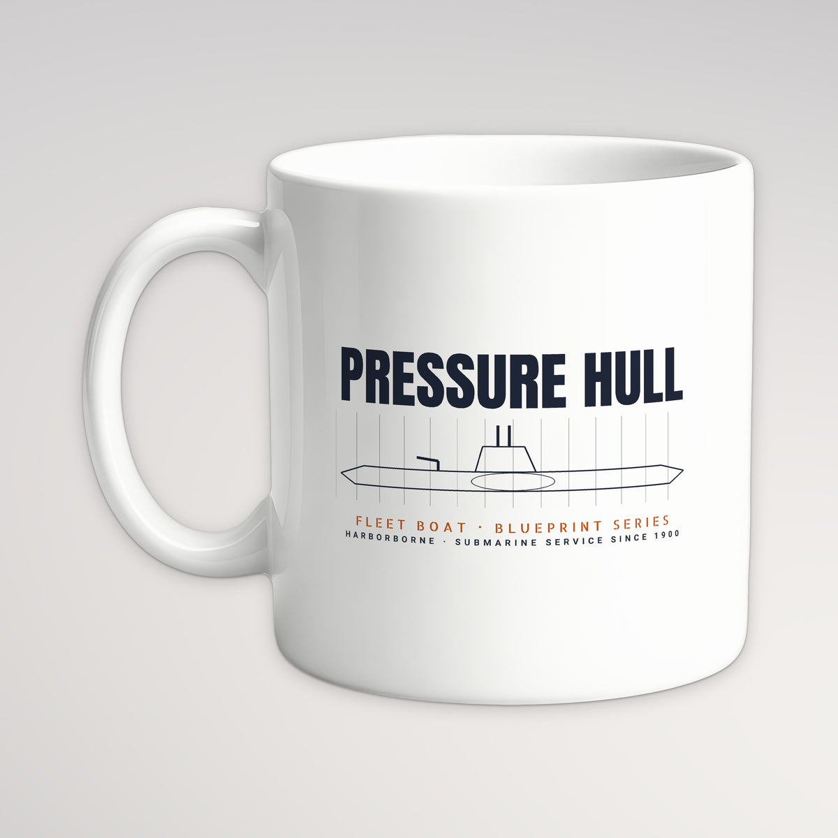 Pressure Hull Blueprint Mug, white mug, handle left