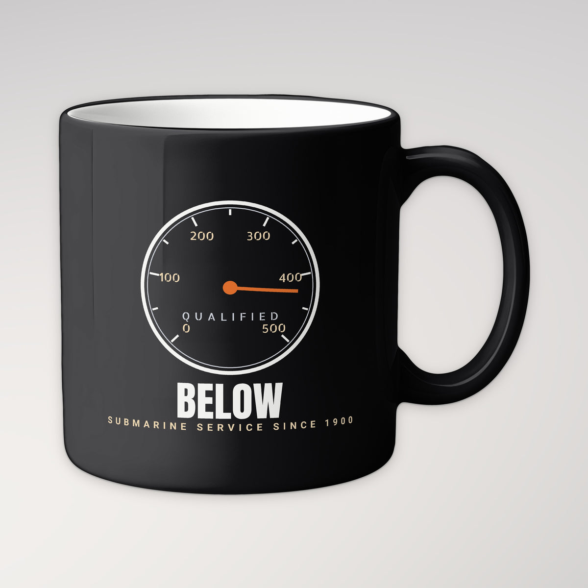 Qualified Below Depth Dial Mug in black
