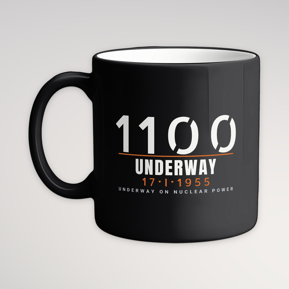Underway on Nuclear Power 1100 Mug, black mug, handle left