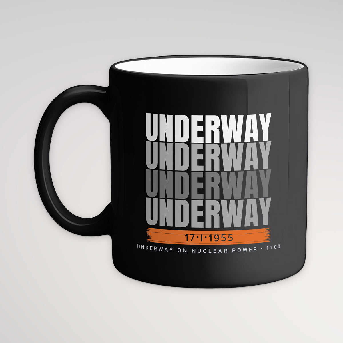 Underway on Nuclear Power Echo Mug, black mug, handle left