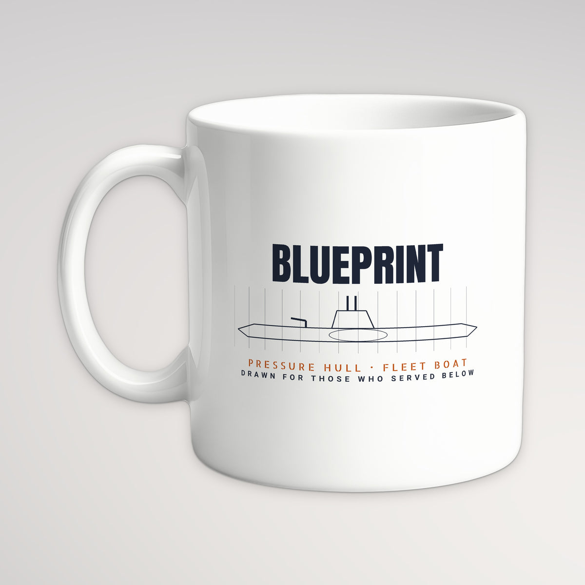 Pressure Hull Blueprint Served Below Mug, white mug, handle left