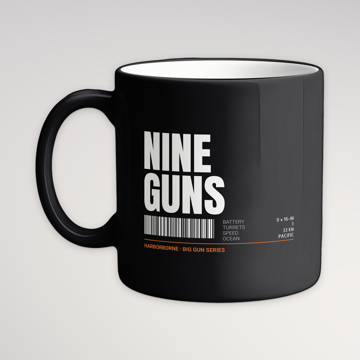 Nine Guns Pacific Tag Mug, black mug, handle left