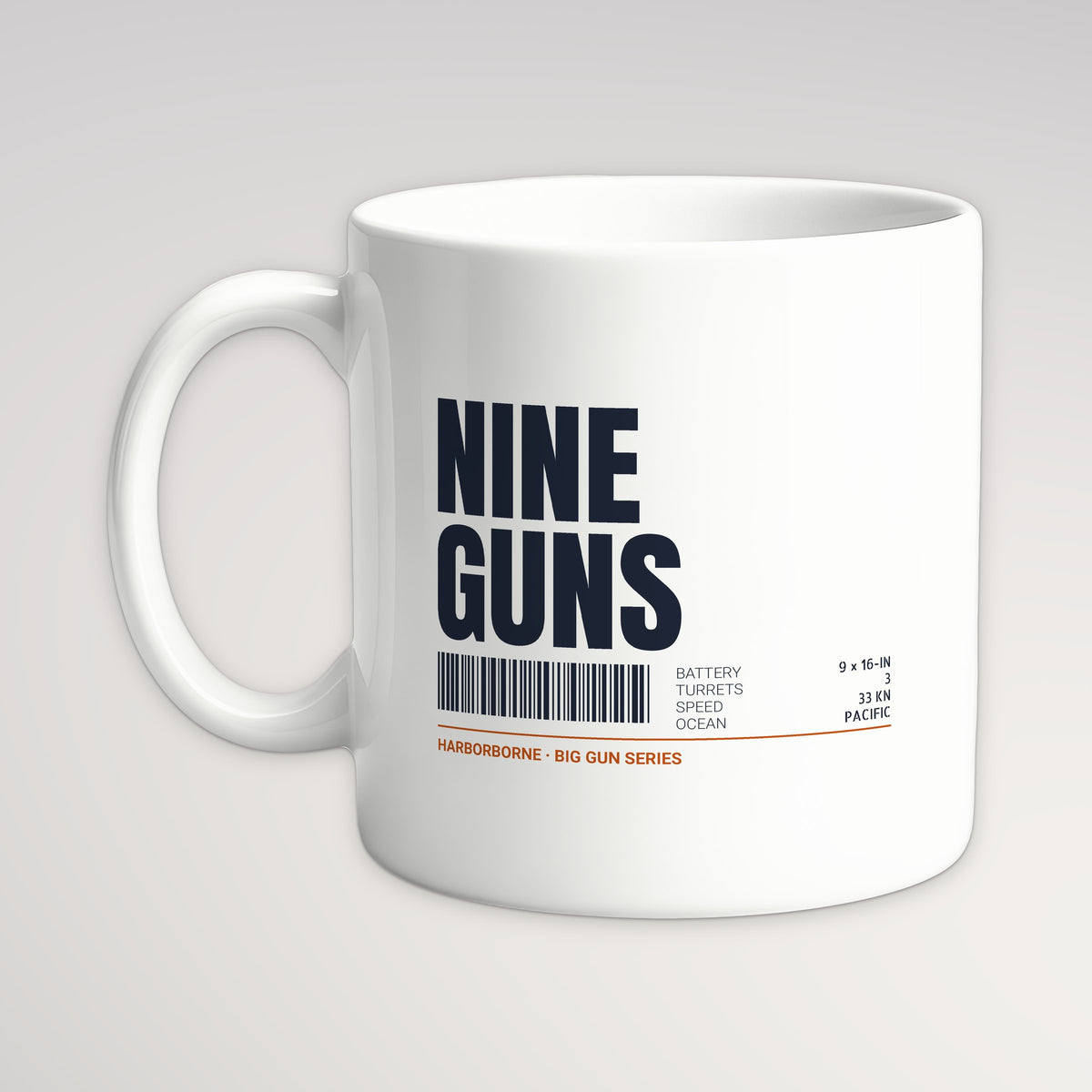 Nine Guns Pacific Tag Mug, white mug, handle left