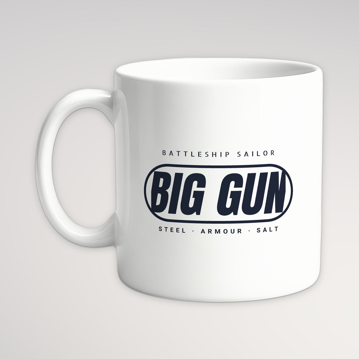 Big Gun Era Pill Mug, white mug, handle left