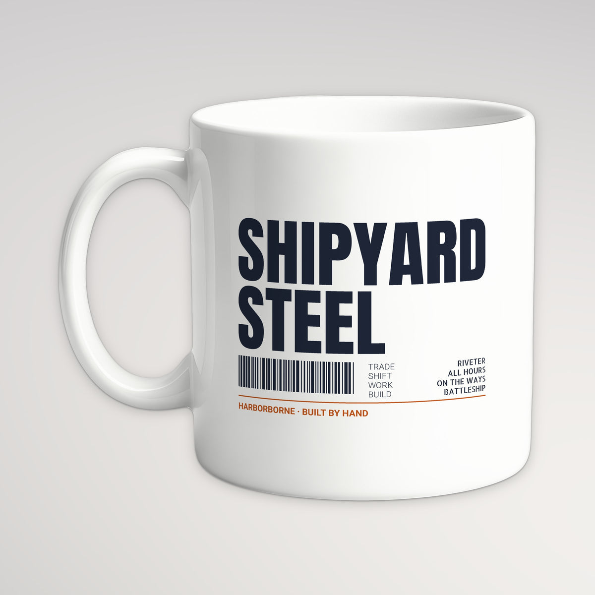 Shipyard Steel Tag Mug, white mug, handle left