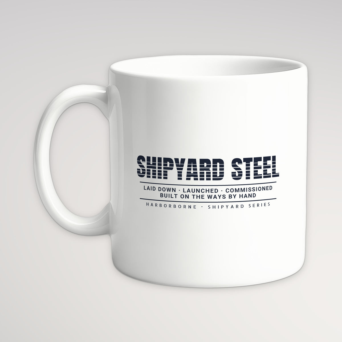 Shipyard Steel Scanline Mug, white mug, handle left
