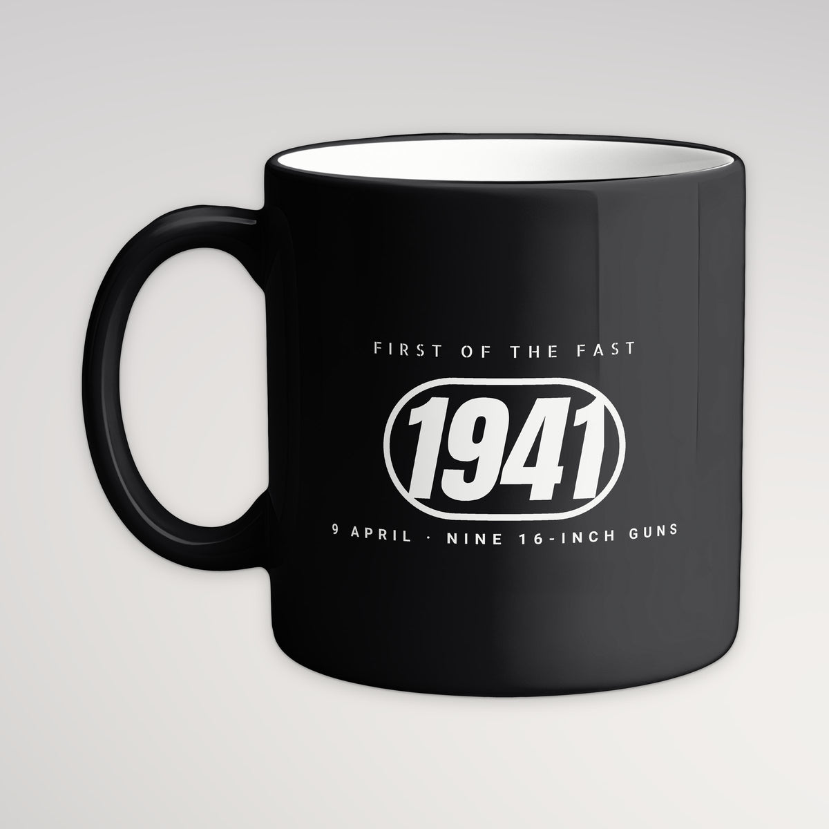 Fast Battleship 1941 Pill Mug, black mug, handle left