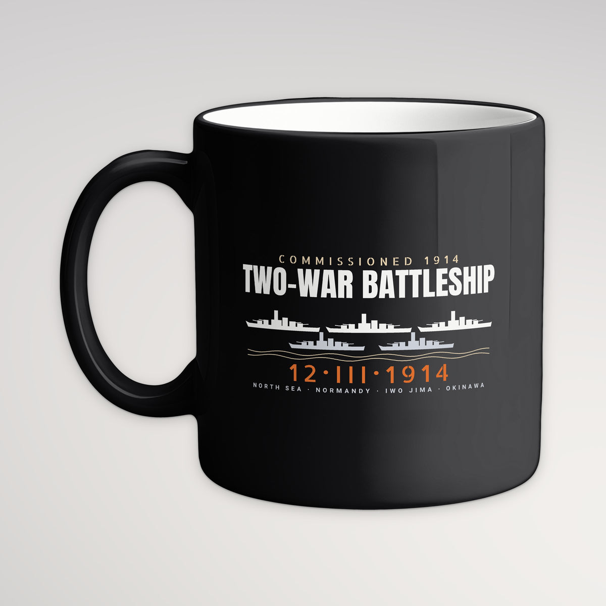 Two-War Battleship Row Mug, black mug, handle left