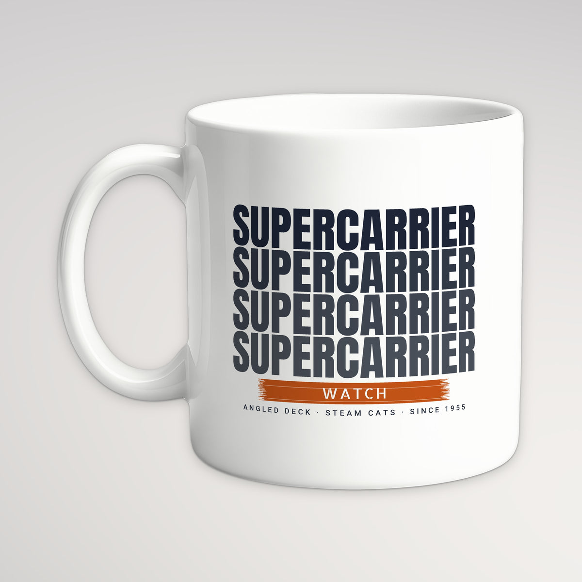 Supercarrier Watch Echo Mug, white mug, handle left