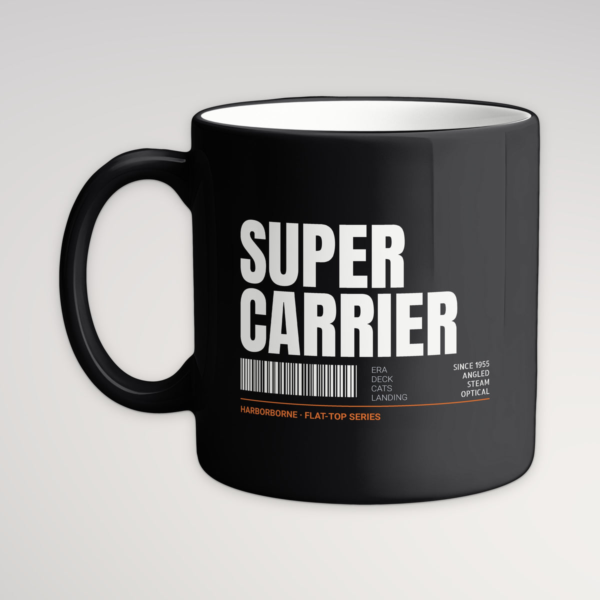 Supercarrier Watch Tag Mug, black mug, handle left