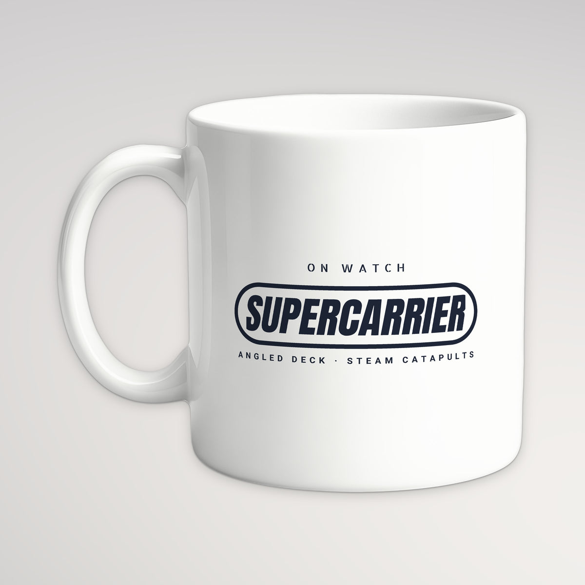 Supercarrier Watch Pill Mug, white mug, handle left