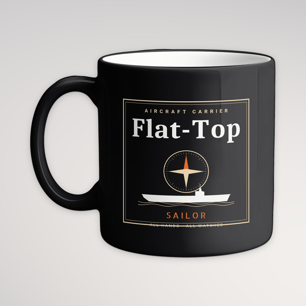 Flat-Top Sailor Frame Mug, black mug, handle left