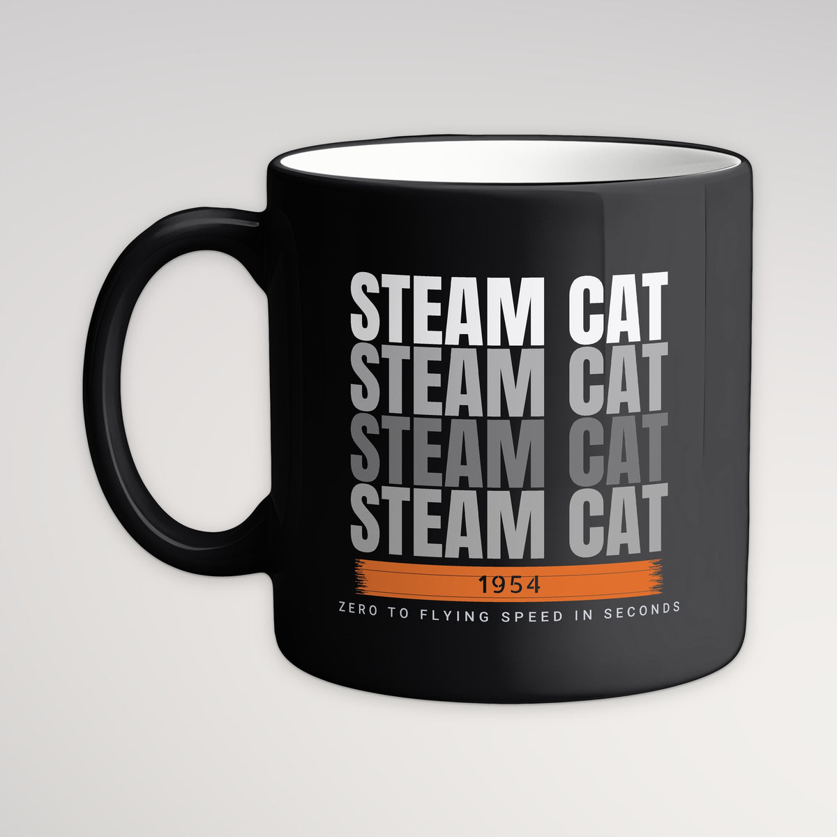 Steam Cat Era Echo Mug, black mug, handle left