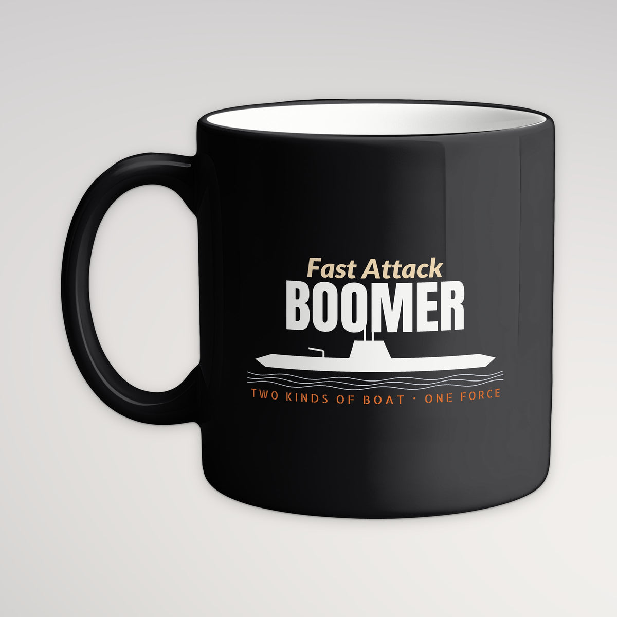 Fast Attack & Boomer Profile Mug, black mug, handle left
