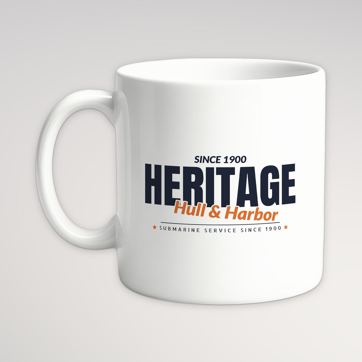Hull & Harbor Heritage Club Mug, white mug, handle left