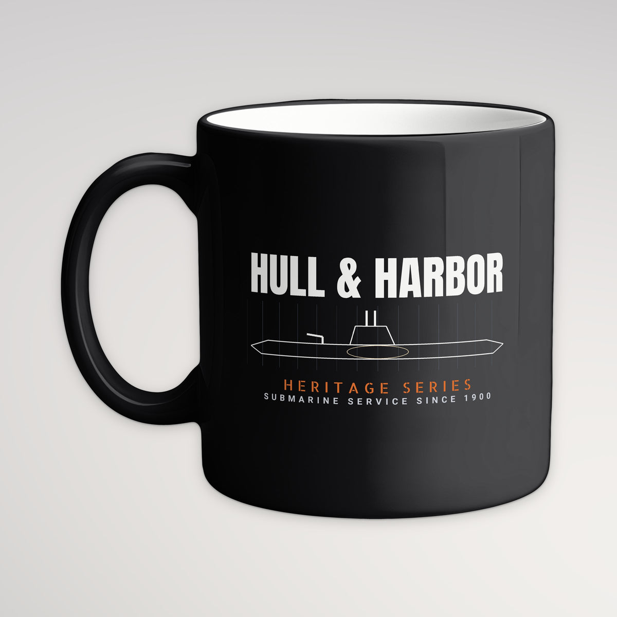 Hull & Harbor Heritage Blueprint Mug, black mug, handle left