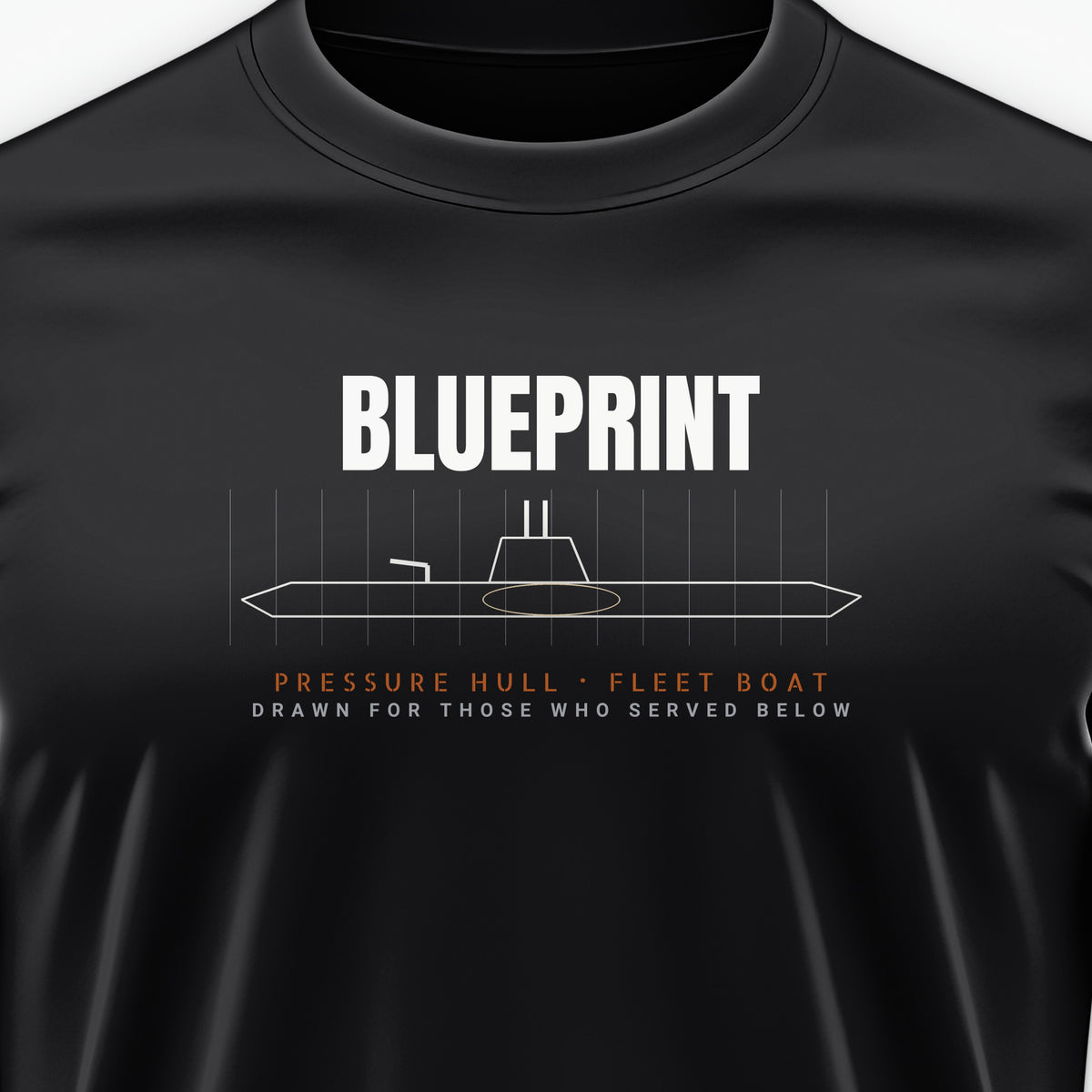 Pressure Hull Blueprint Served Below Tee, front print detail