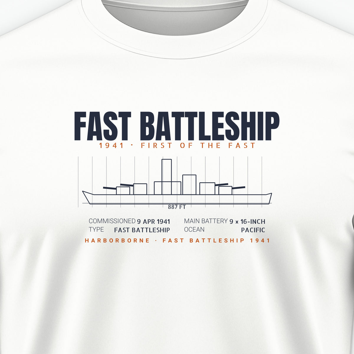 Fast Battleship 1941 Blueprint Tee, front print detail