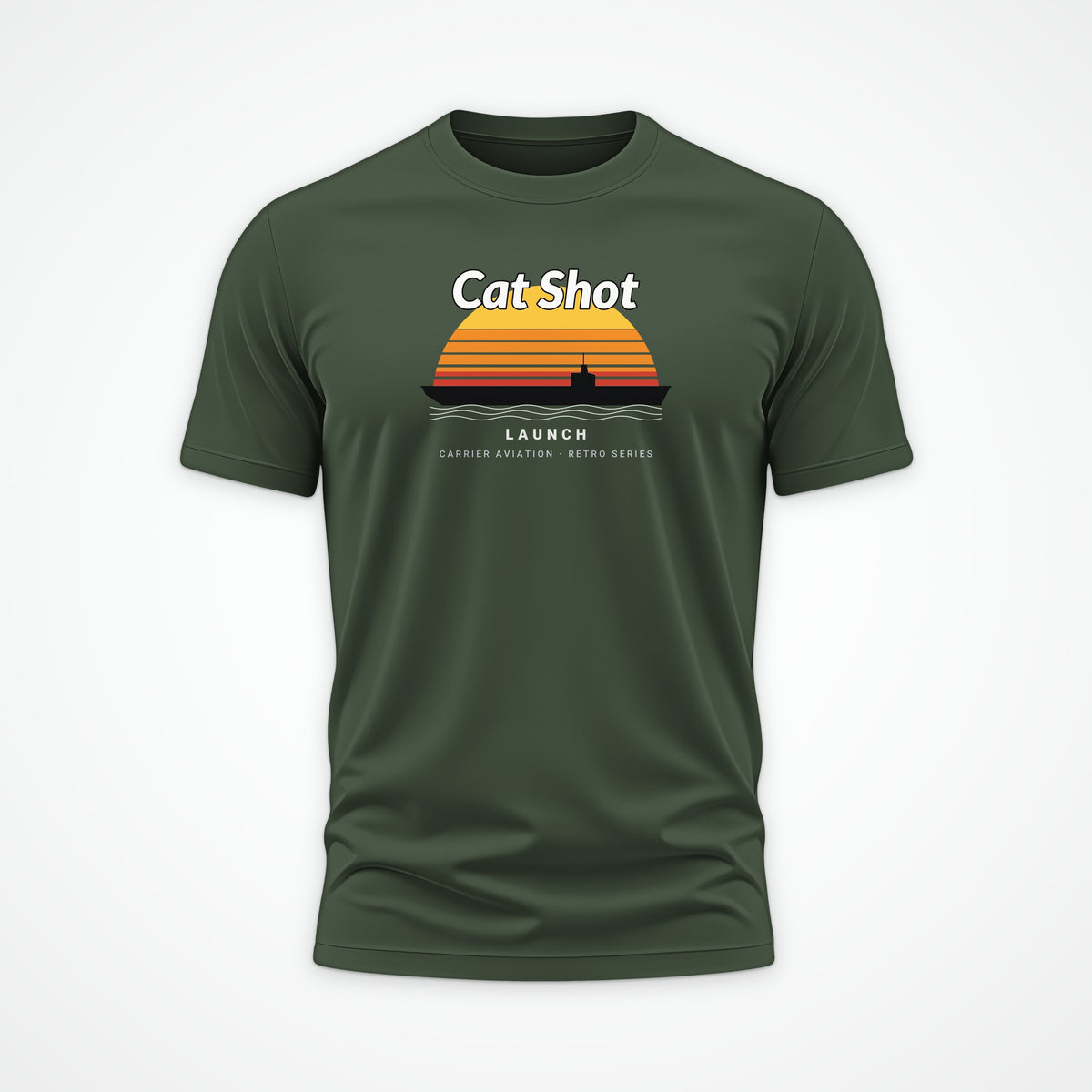 Cat Shot Retro Sunset Tee in Olive