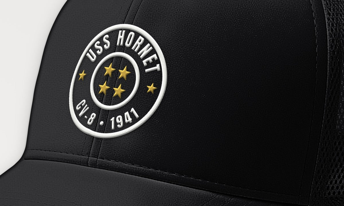Hornet CV-8 Four Stars Trucker Cap — front detail