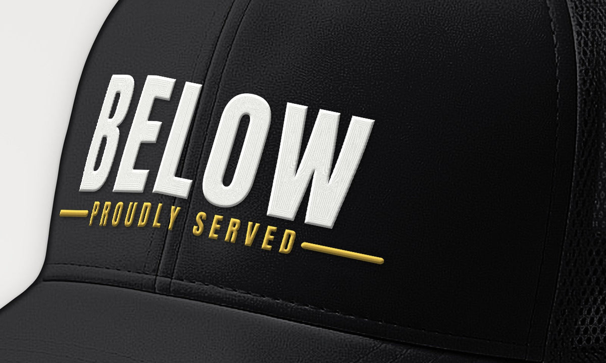Proudly Served Below Trucker Cap, front detail