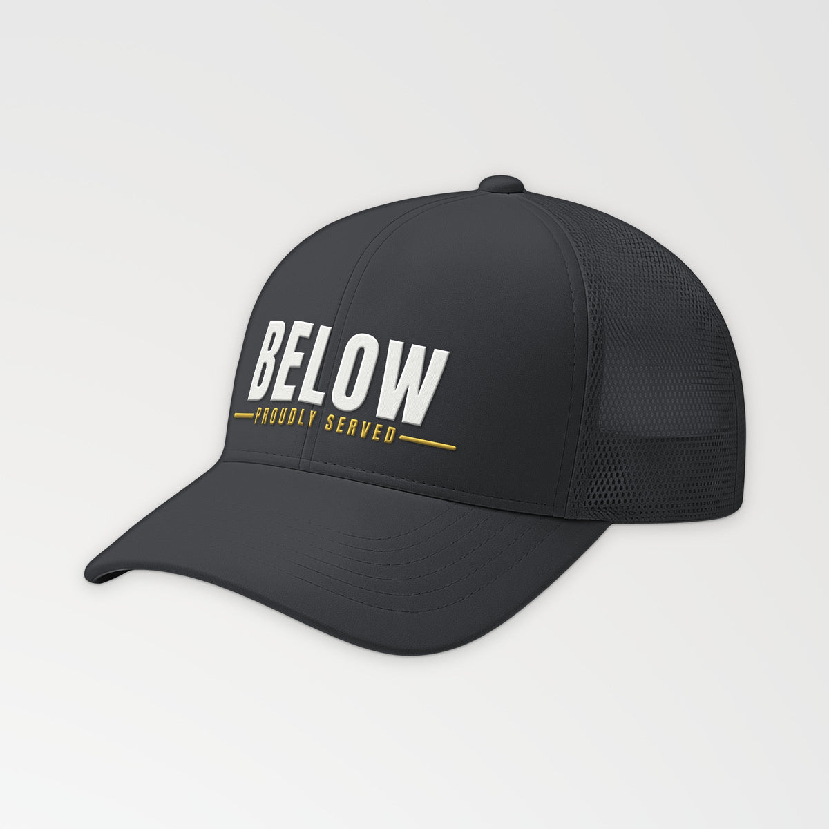 Proudly Served Below Trucker Cap in Dark Heather Gray