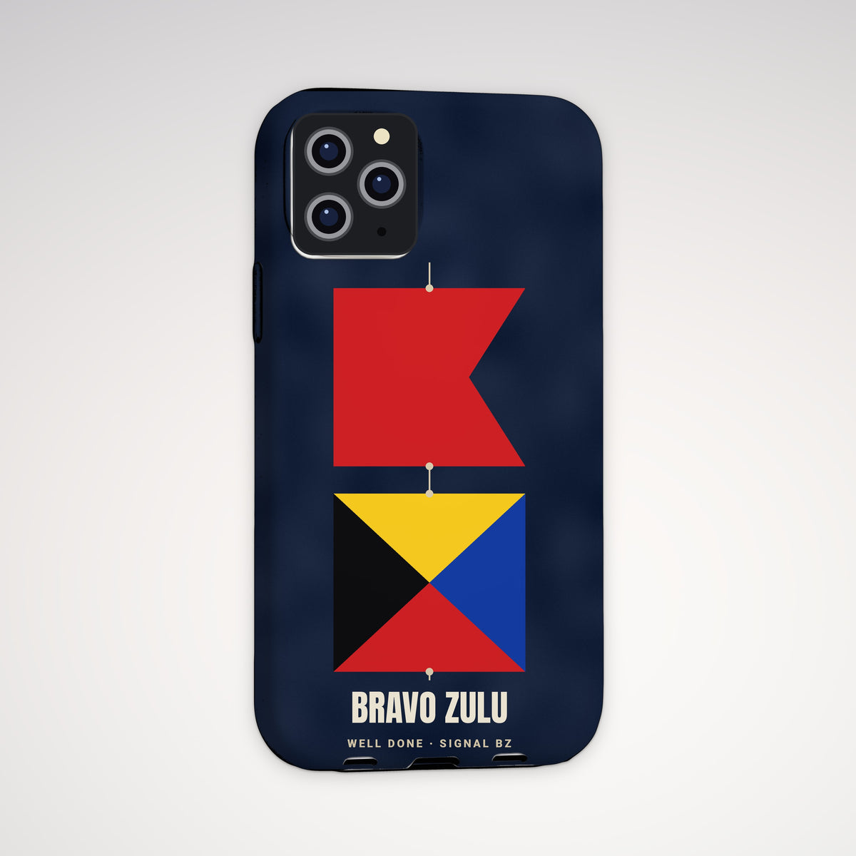 Bravo Zulu Signal Flags Tough Phone Case – iPhone, shown on a Pro model