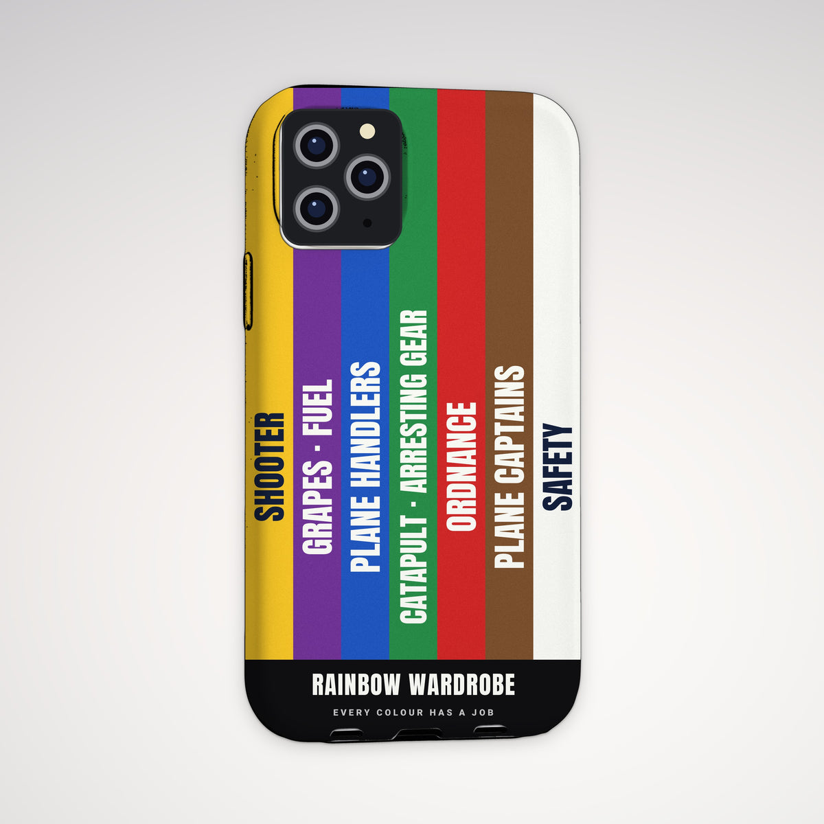 Rainbow Wardrobe Jersey Stripes Tough Phone Case – iPhone, shown on a Pro model
