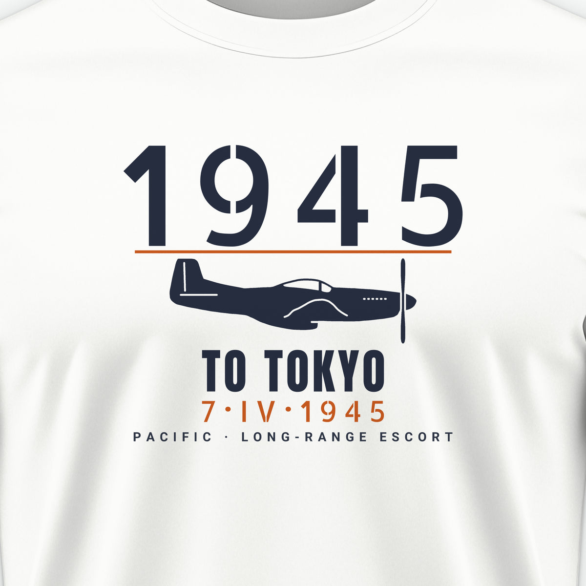 To Tokyo 1945 Escort Fighter Tee, front print detail: our side-view drawing of a P-51D, no markings