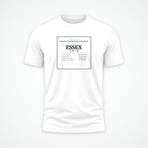 Custom ship tee in White, Builder's plate design for USS Essex CV-9: builder, dates and hull from the ship's record, with 'My father served · R. Martin'
