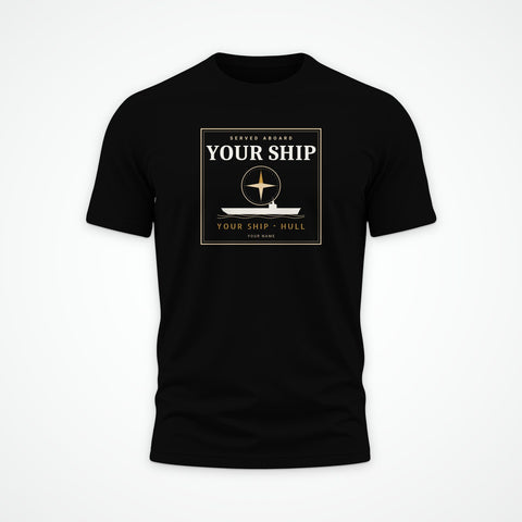 Custom ship tee in Black: your ship, its hull number and your sailor's name, drawn for you (example layout)