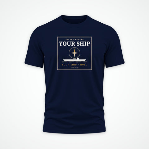 Custom ship tee in Navy: your ship, its hull number and your sailor's name, drawn for you (example layout)