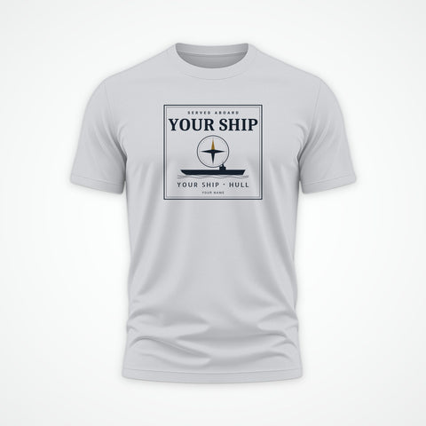 Custom ship tee in Sport Grey: your ship, its hull number and your sailor's name, drawn for you (example layout)