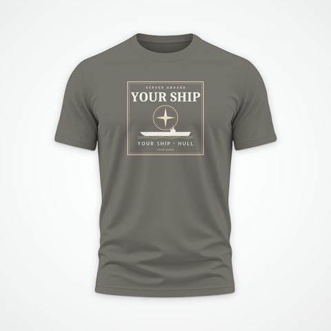 Custom ship tee in Charcoal: your ship, its hull number and your sailor's name, drawn for you (example layout)