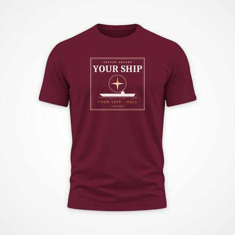 Custom ship tee in Maroon: your ship, its hull number and your sailor's name, drawn for you (example layout)